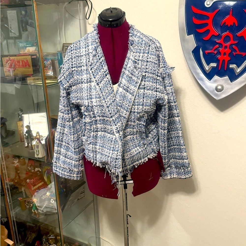 Sage The Label Blue & White Tweed Moto Jacket – Size M